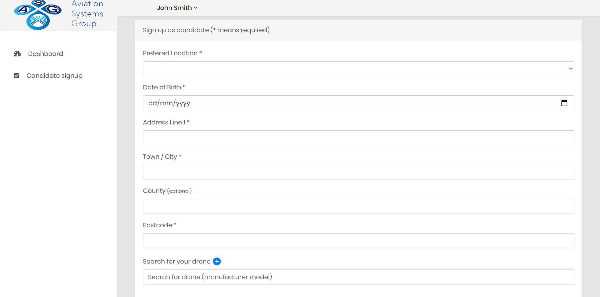 Candidate signup form Candidate signup form